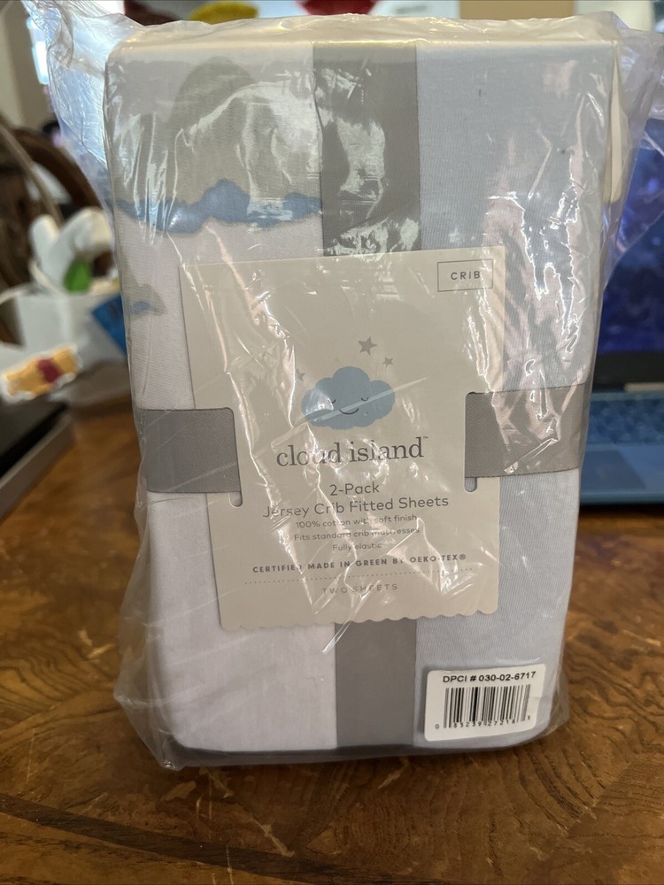 2 pk Cloud Island Jersey Fitted Crib Sheets White/Cloud Print &Solid Lt Blue