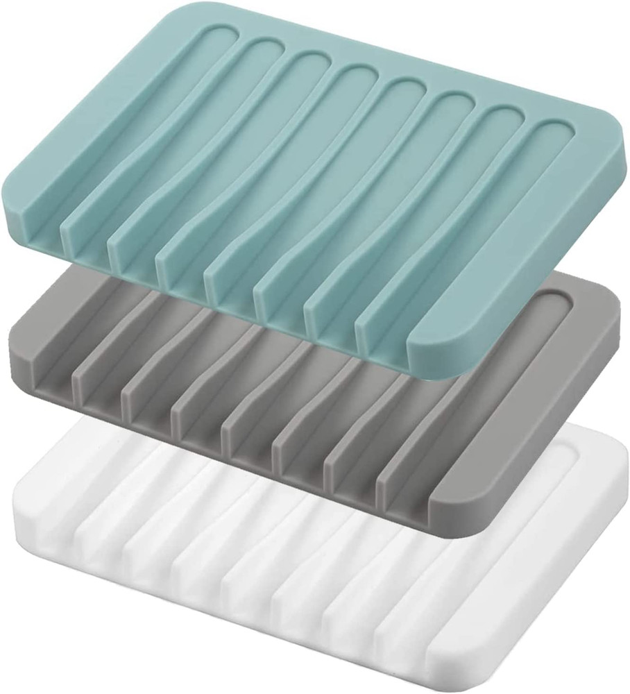 3-Pack Silicone Self-Draining Soap Dishes: Waterfall Drainer Design