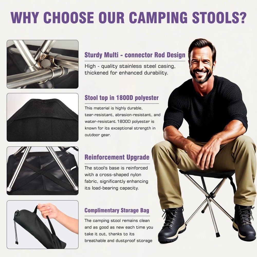 Lightweight Foldable Camping Stool, Adjustable Height, Quick Setup, 275lbs Limit