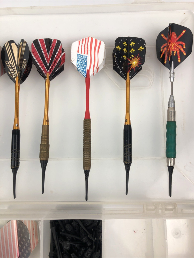 Plastic Soft Tip Throwing Darts Shafts Tips Feathers Some VTG + Plastic Case