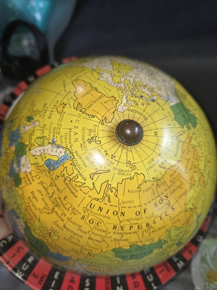 Vintage Replogle Rare 1954 Globe-Gram Tin Globe 8"