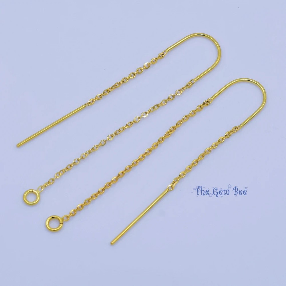 18K Solid Yellow Gold Ear Thread Earwire with loops 1.85 Inch Length