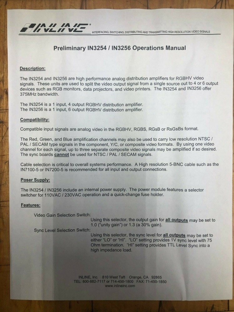 NEW!!! INLINE IN3254 IN3256 HIGH PERFORMANCE Analog Distribution Amplifier NIB