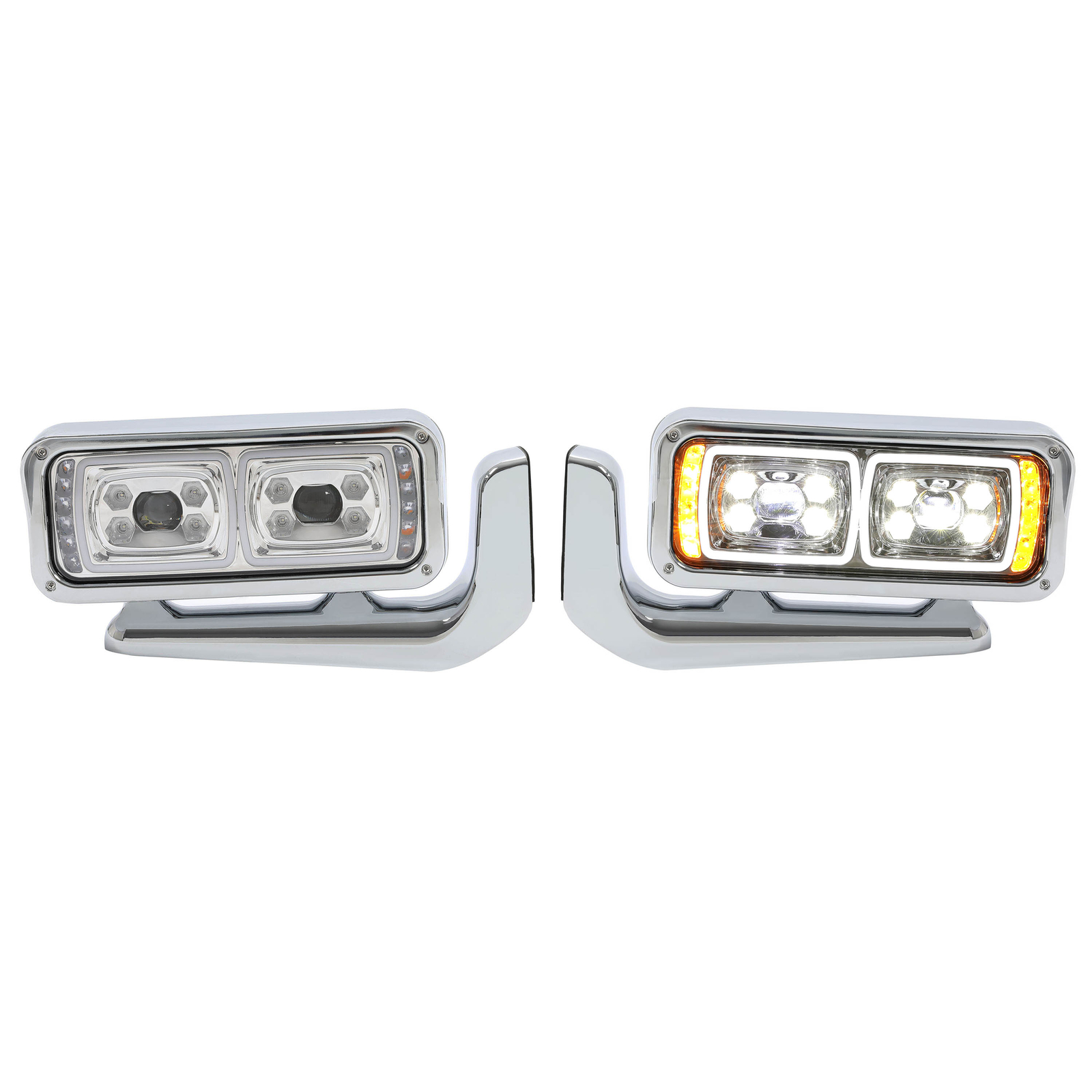 LED Signal Chrome Projector Headlights w/Mounting Arms For Peterbilt 359 379 389
