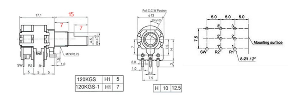 10Pcs H120 A50K Double Potentiometer 15MM with Switch