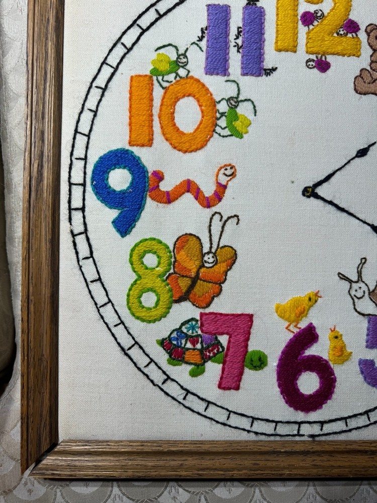 Vintage Needlepoint "A Toy-Themed Wall Clock Scene" - Framed