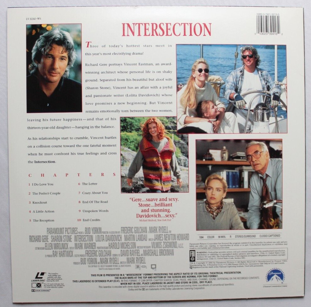 INTERSECTION laserdisc LD WIDESCREEN SHARON STONE *QUICK SHIP*