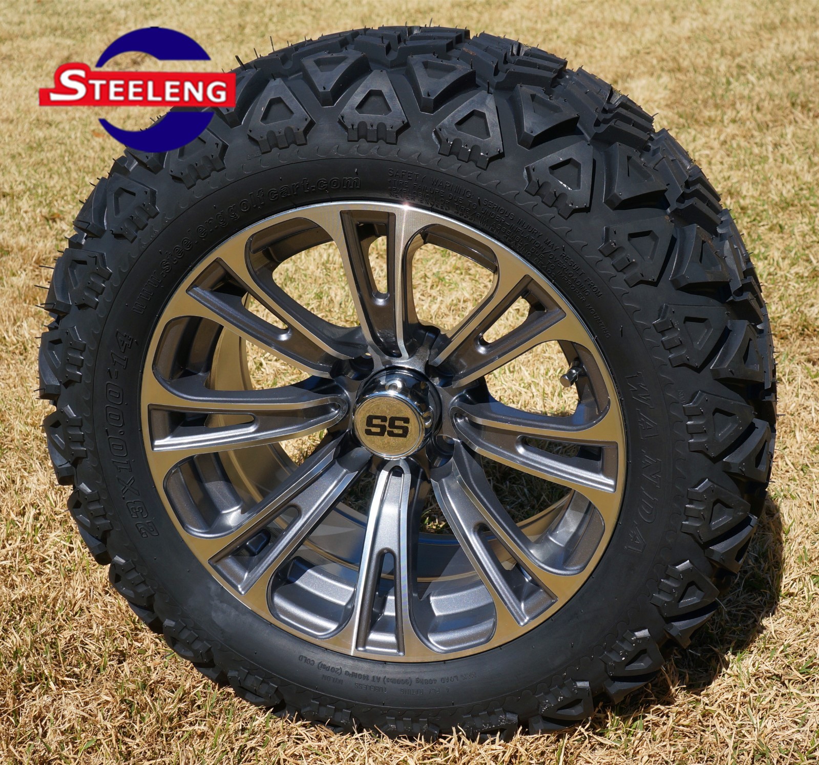 GOLF CART 14" GUNMETAL VECTOR ALUMINUM WHEELS and 23" AT TIRES (SET OF 4)