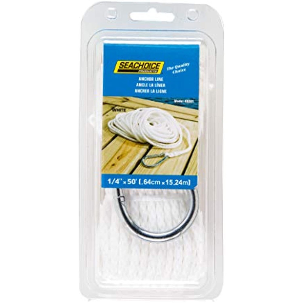 Seachoice Anchor Line Rope, Hollow Braid, Polypropylene, White, Spring Hook, 1/4