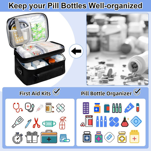 Medicine Bag for Traveling with Portable Small Pouch, Double Layer Pill Black