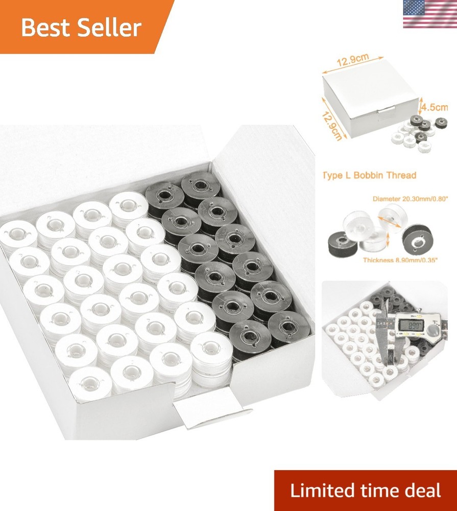 144-Pcs Prewound Type L Bobbin Threads - 96 White + 48 Black - Soft Polyester