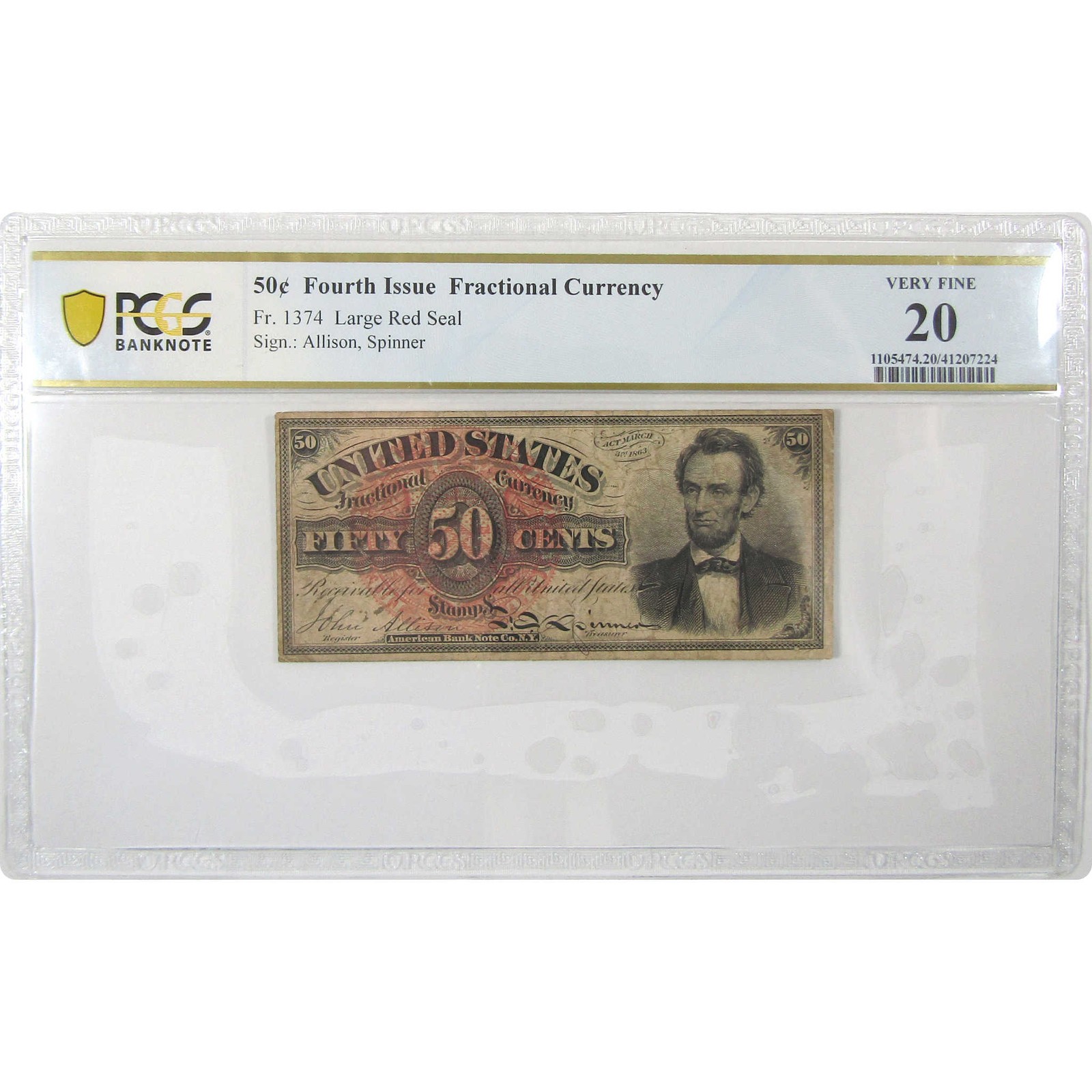 50c Fractional Note Fourth Issue FR1374 Very Fine 20 PCGS SKU:I23288