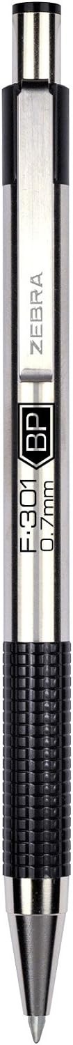 (12 Pack) Zebra F-301 Ballpoint Fine 0.7mm Black Stainless Steel Retractable Pen