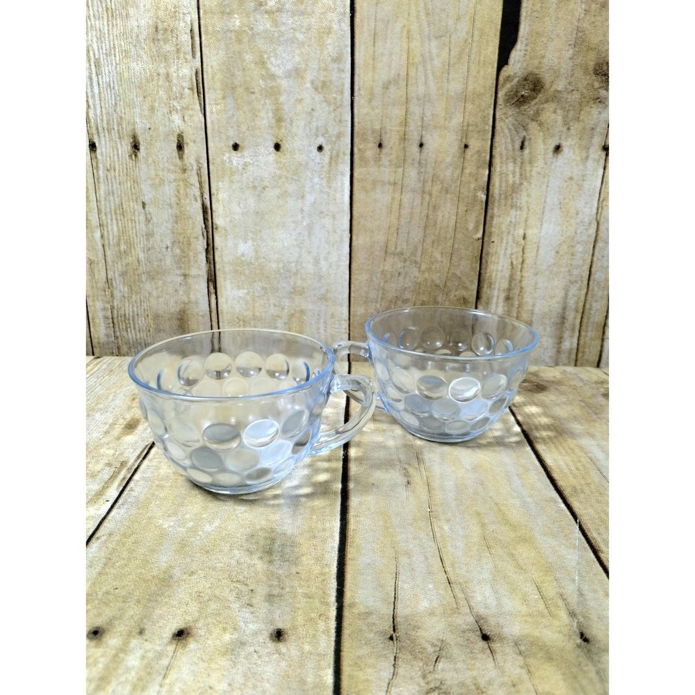 2 Vtg Anchor Hocking Blue Bubble Glass Tea Cups Dinnerware (shelf)