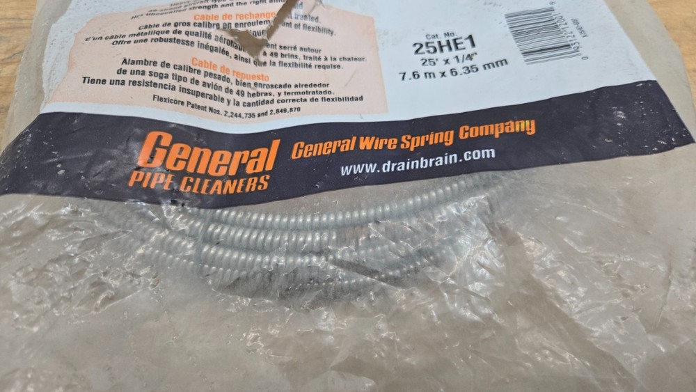 Flexicore Drain Cable, 25HE1 General Pipe Cleaners, 25' x 1/4" Replacement Cable