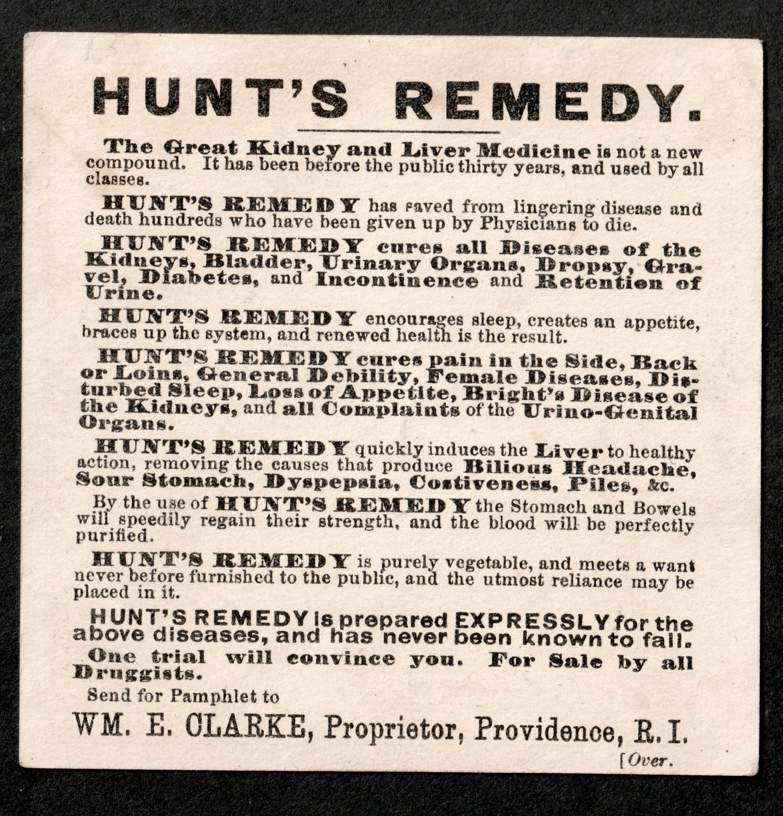 Hunts Remedy Skeleton Bottle Skull Crush Kidney Death Liver Cure Trade Card j.US