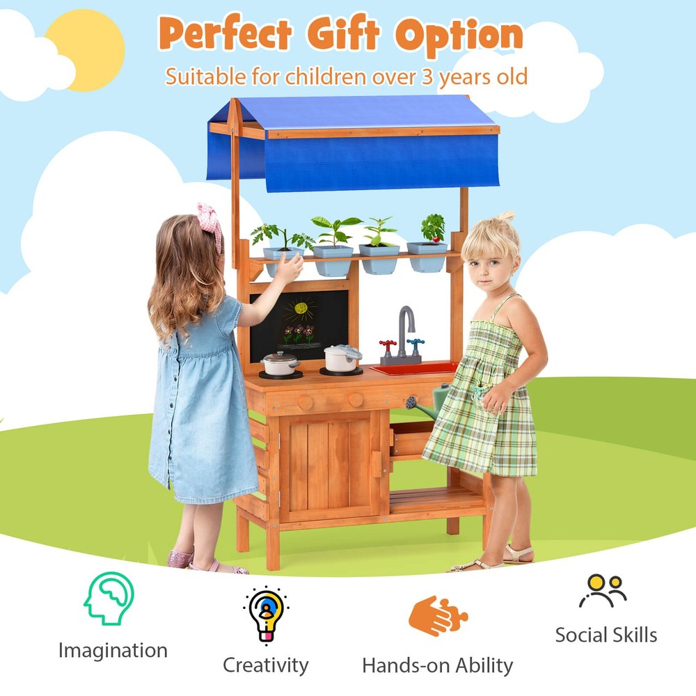 Mud Kitchen Wooden Pretend Play Kitchen with Height Adjustable Canopy