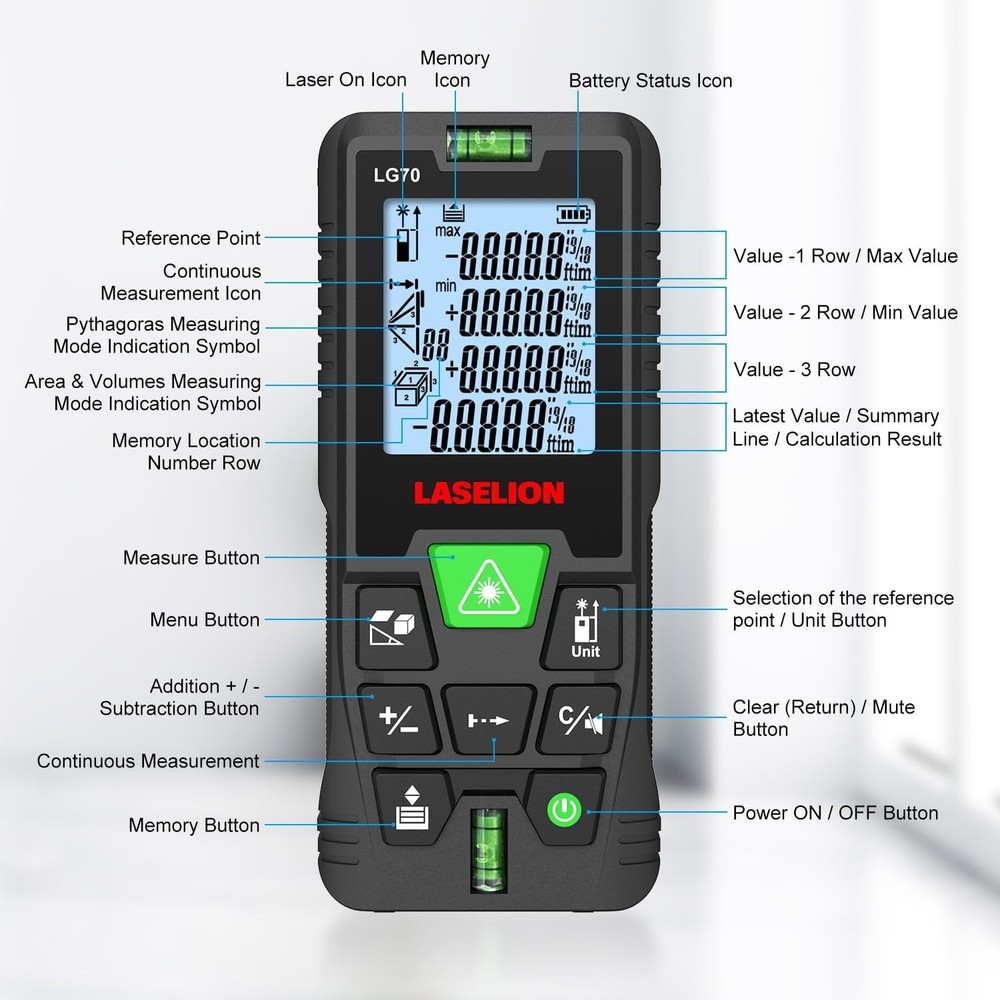 Multi-Function Green Laser Measuring Tool - Area and Volume Measurement, 229ft