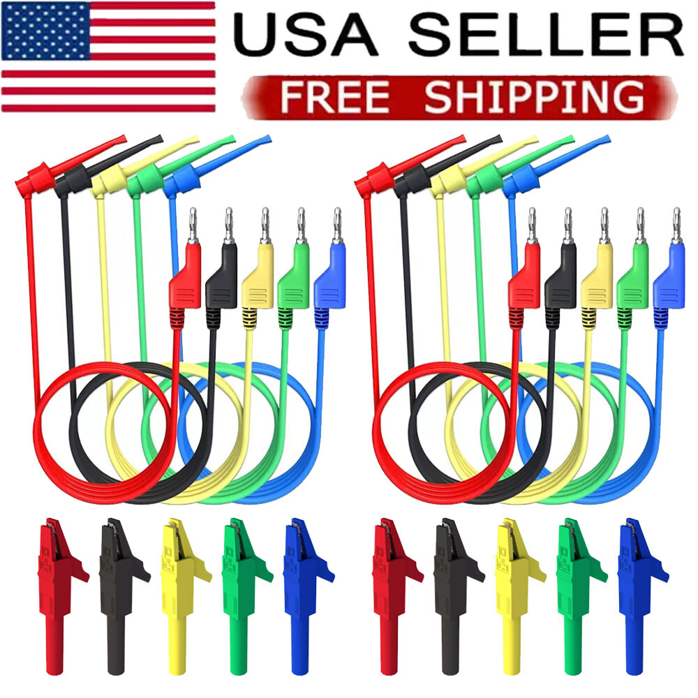 10PC 4mm Stackable Banana Plug to Test Hook Clip Test Leads & Alligator Clips