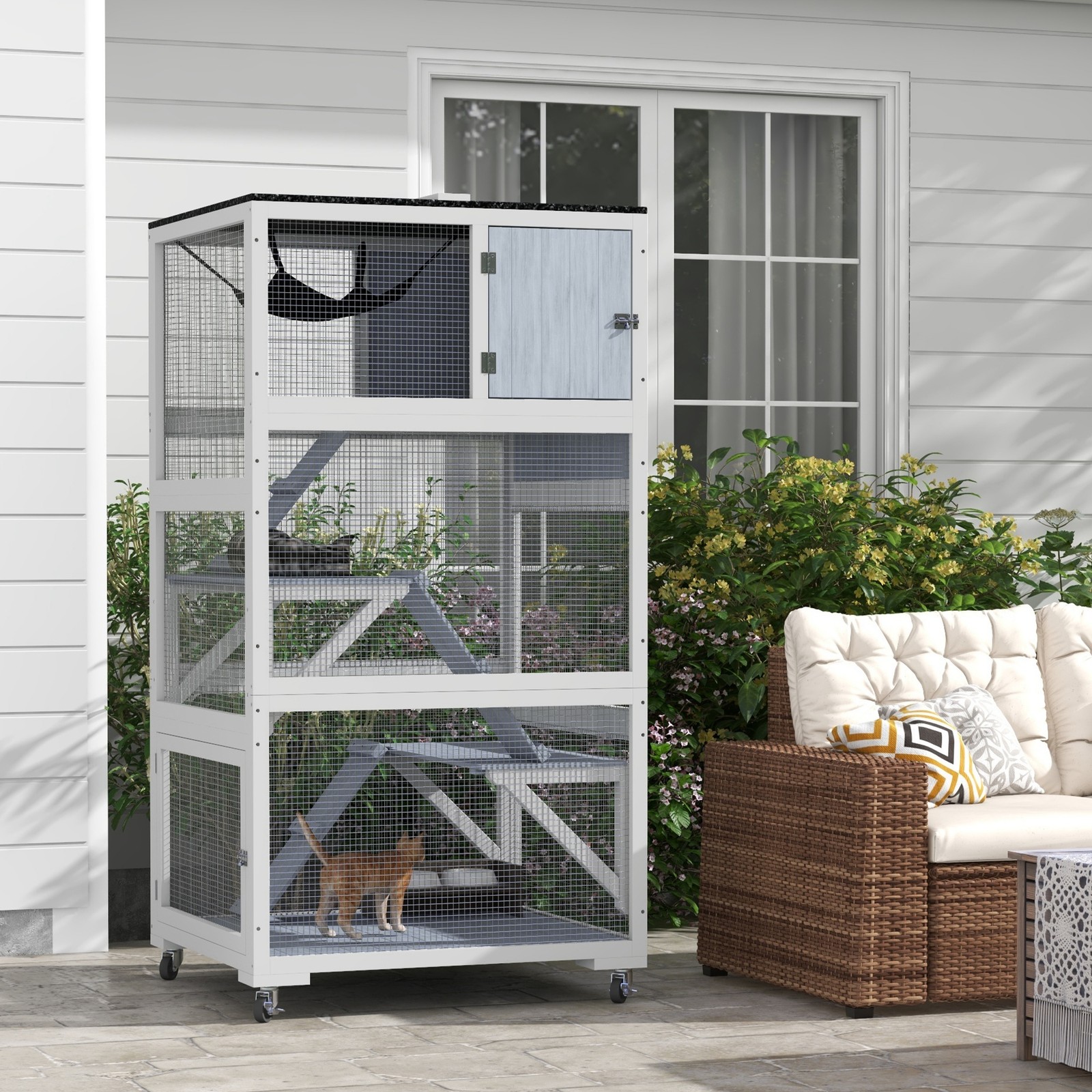 Catio, Outdoor Cat Enclosure House on Wheels with Hammock, Gray