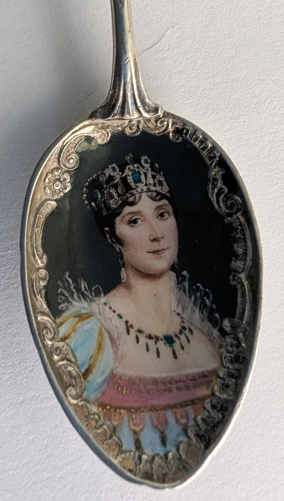 Antique 800 Silver Enamel Queen Spoon Eagle Top Josephine Signed 4.75" Tall