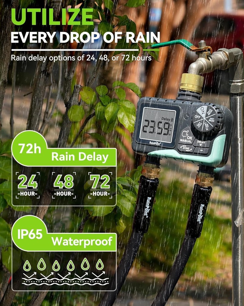 Compact 2 Zone Water Hose Timer with Manual Watering and Rain Delay Features