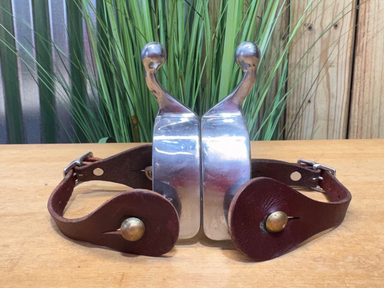 SS Short Shank Ball End Spurs w Western Pleasure Horse & Brown Leather Straps