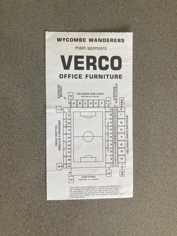 Wycombe Wanderers v Barnet 2000-01 Match Ticket