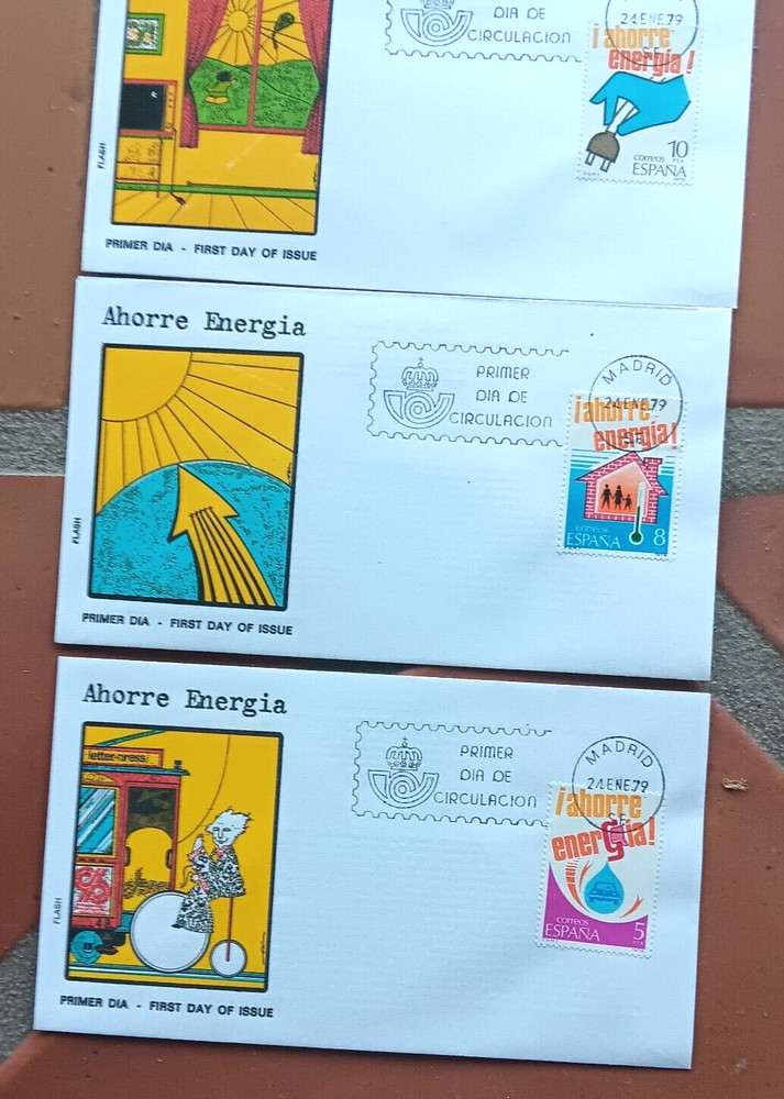 SPAIN SAVE ENERGY COMPLETE SET 3 FLASH CACHET FDCS VF UNADDR