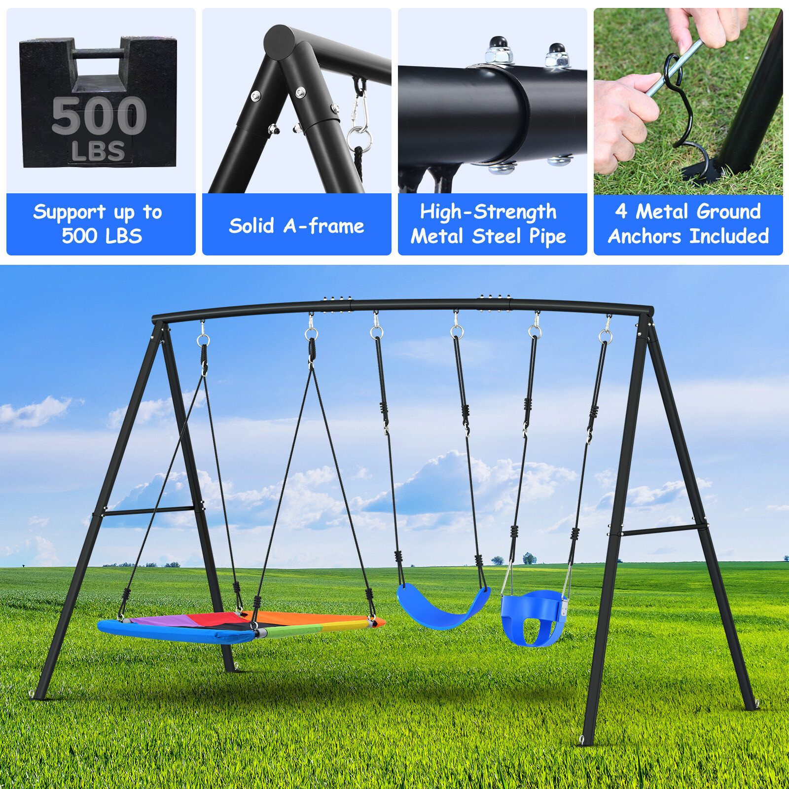 440lbs 4 IN 1 Backyard Metal Swing Set with Three Swing Heavy Duty A-Frame Stand