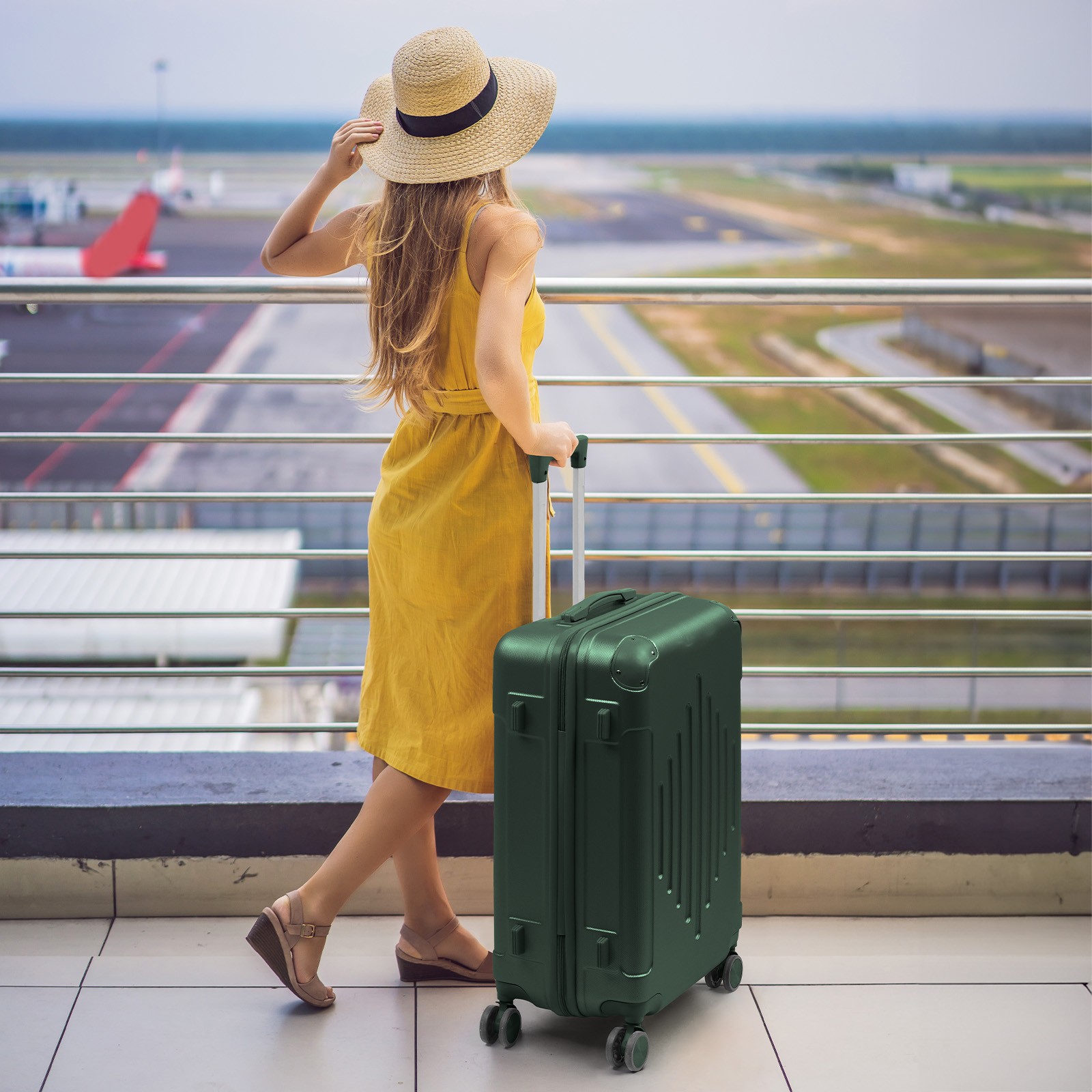 Luggage Sets 5 Piece 100% PC Ultra Tough Hardside Expandable Suitcases Green