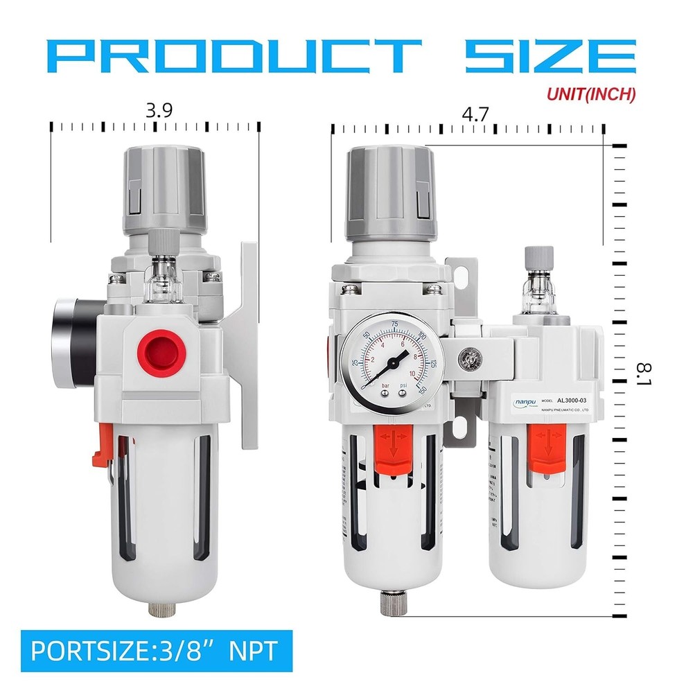 3/8" NPT Compressed Air Filter Regulator Lubricator Combo with Semi-Auto Drain