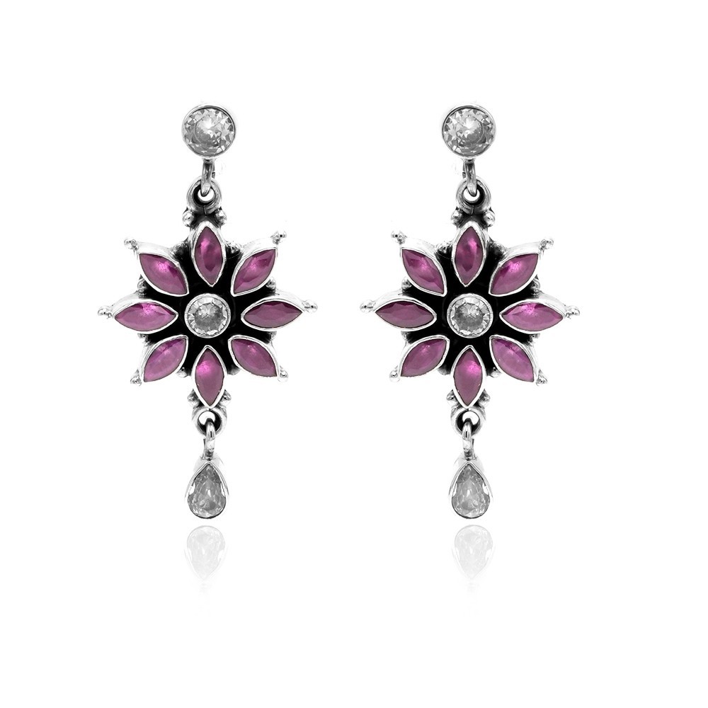 Natural Ruby , Zircon Flower Earring Stud 925 Sterling Silver , Wedding Earring