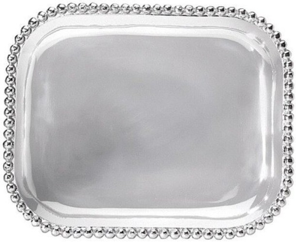 Rectangular platter with beaded edge. Made from recycled aluminum. Imported.