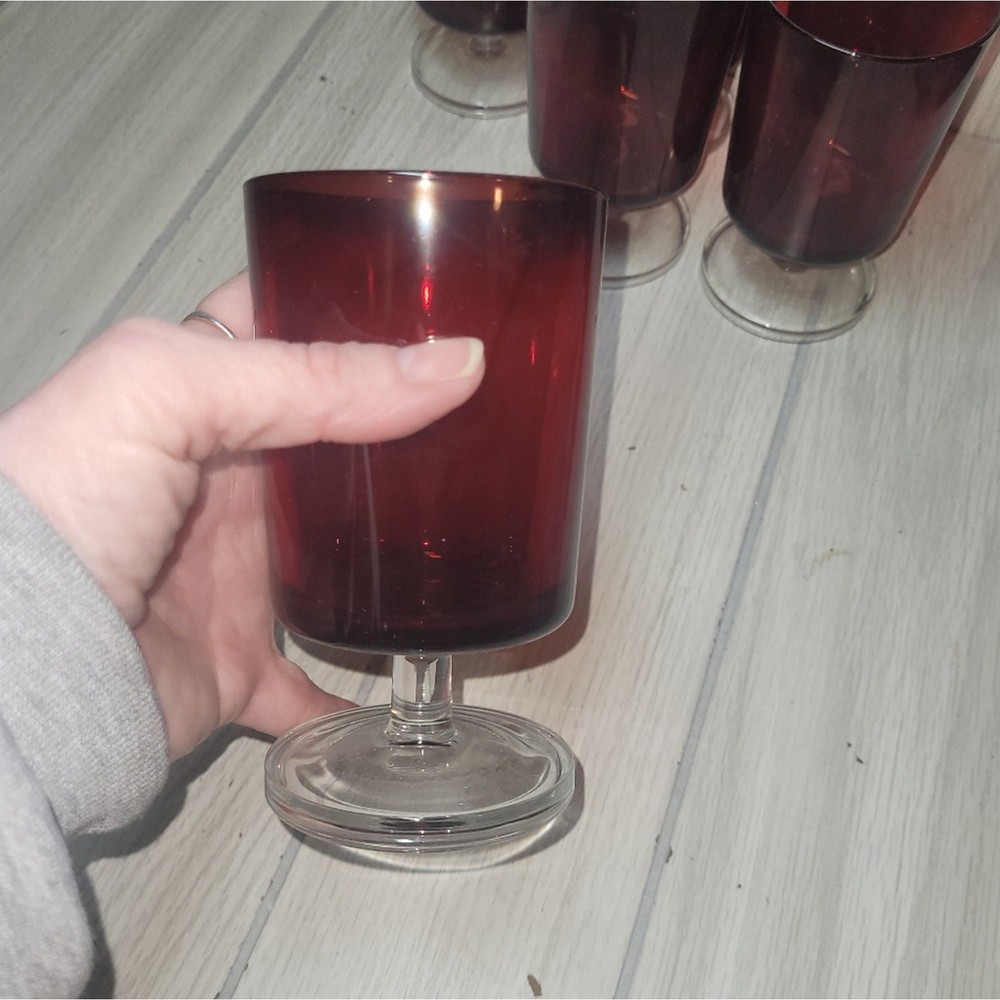Vintage Ruby Red Cavalier Crystal Wine Goblets Glasses Barware MCM