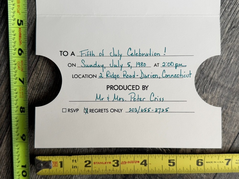 KISS PETER CRISS Party Invitation July 5 1980 Vintage Kiss Aucoin Memorabilia