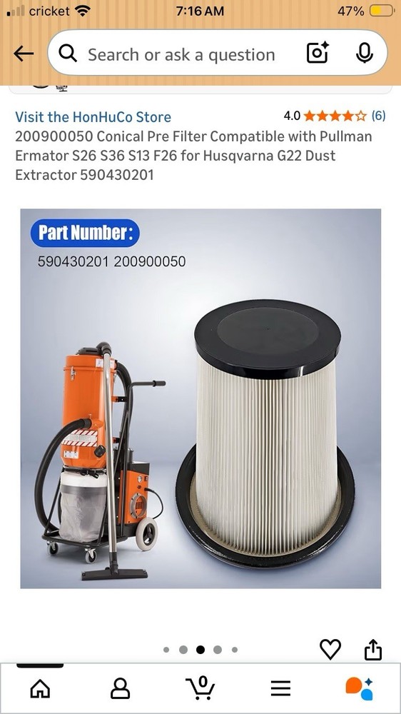 HonHuCo Conical Pre Filter For Dust Extract Pullman Ernator/ Husqvarna