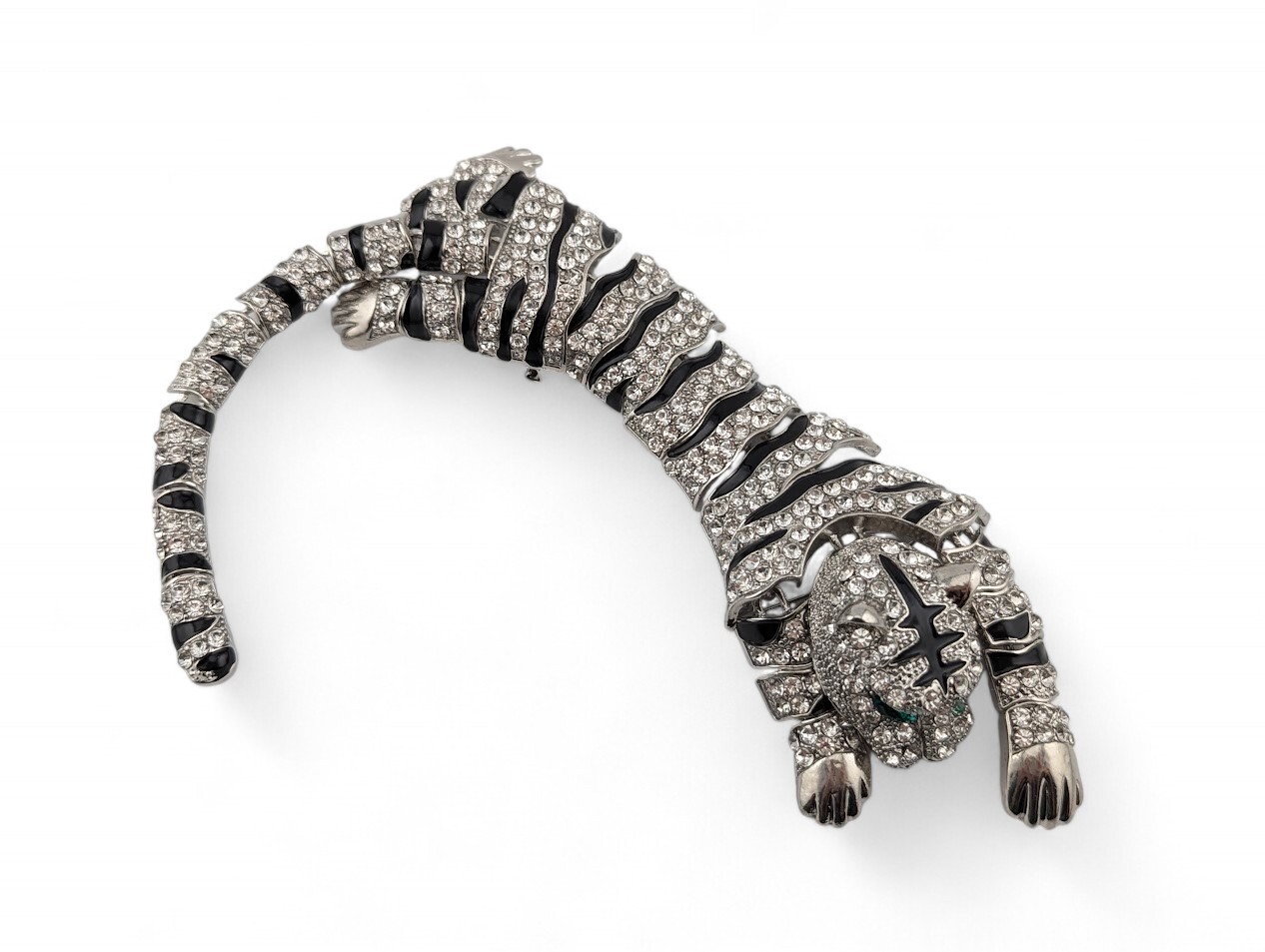 HUGE DRAPING WHITE TIGER SHOULDER BROOCH crystal enamel silvertone panther 7Z