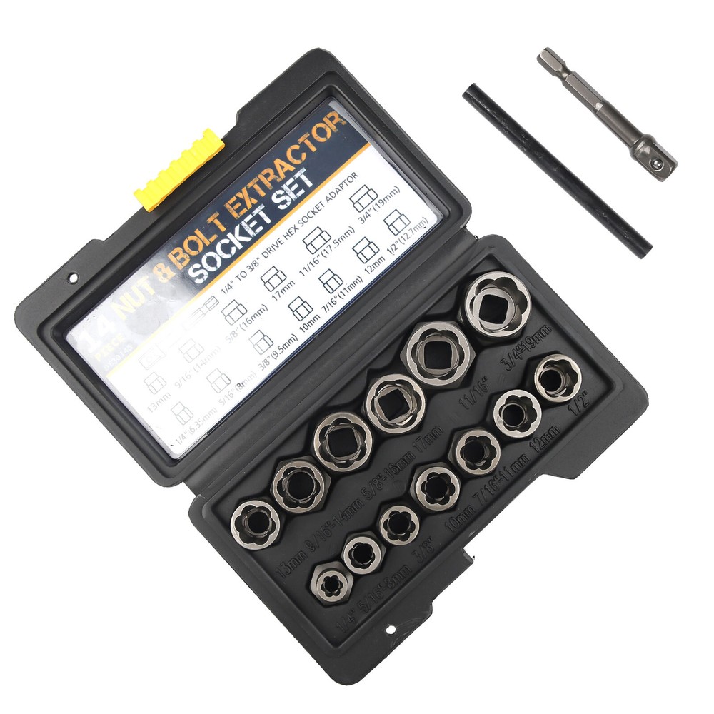 15PC Impact Bolt & Nut Remover Set Extractor Damaged Rusted Adapter Storage Case