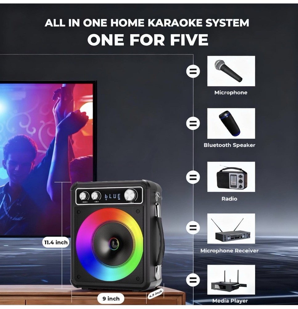 VOSOCO Karaoke Machine, Portable Bluetooth Karaoke Speaker with 2 Wireless Micro