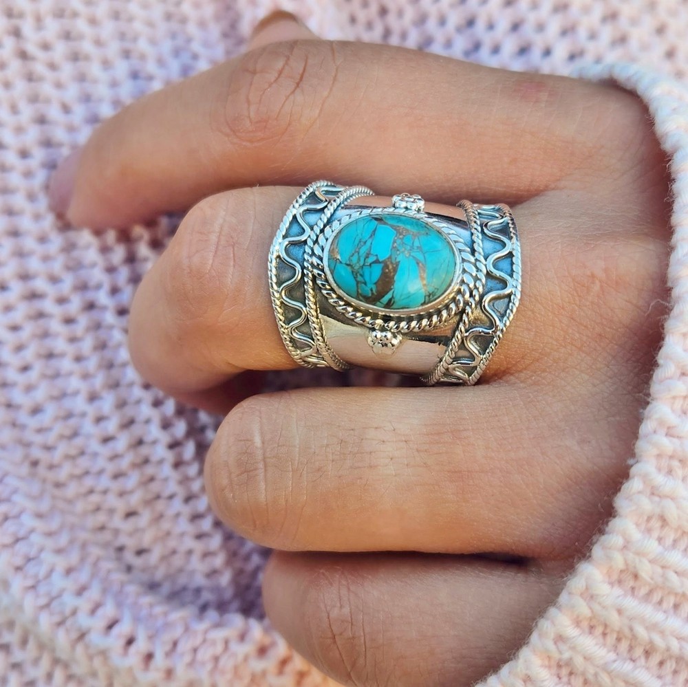 Genuine Turquoise Ring 925 Sterling Silver Boho Copper Turquoise Statement Ring