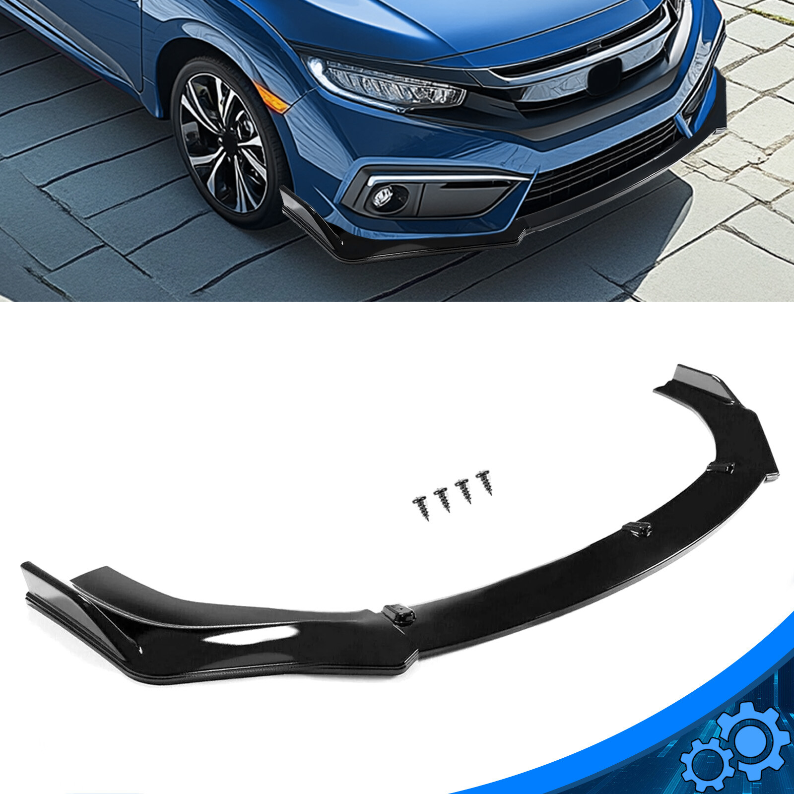 For 2016-2021 Honda Civic Glossy Black Front Bumper Body Kit Spoiler Lip 3PCS