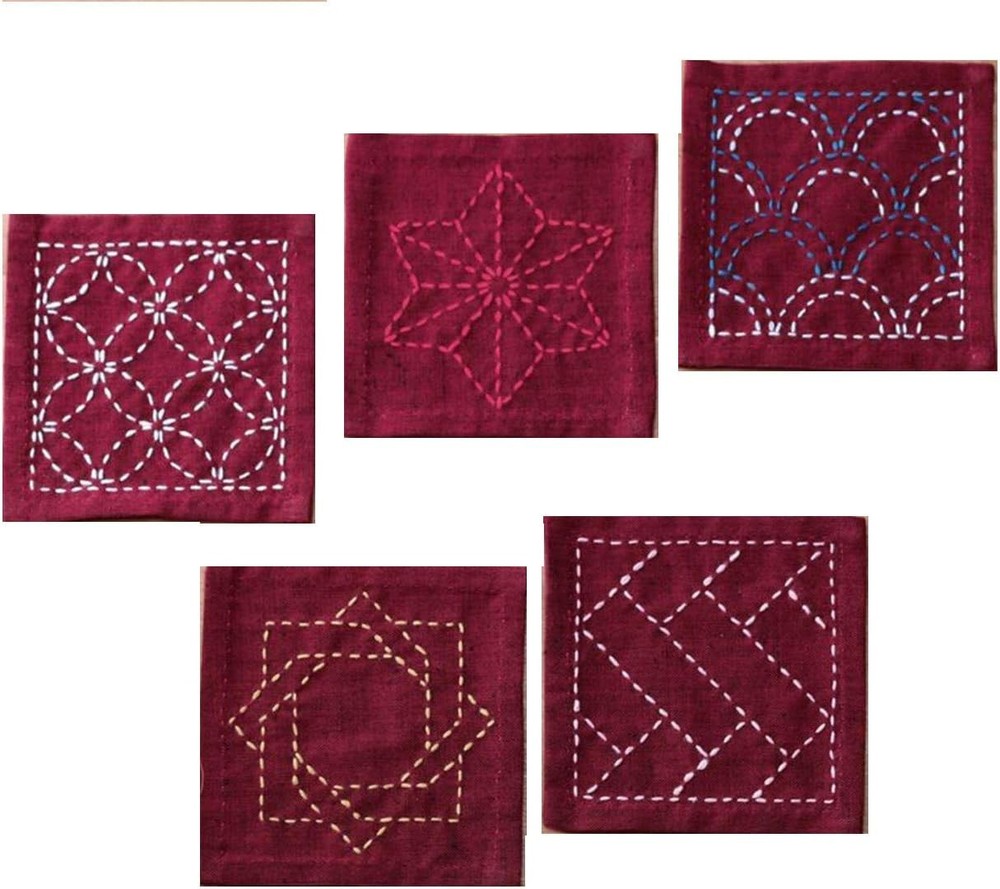 Oly Sashiko Tsu Smpler Coasters Deep Red Fabric