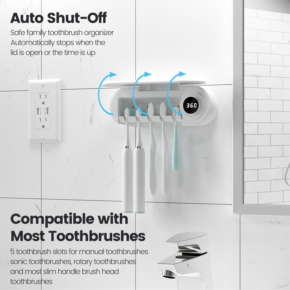 Toothbrush Holder, 5 Toothbrush Slots & Timer Function, Cordless Wall Mounted...