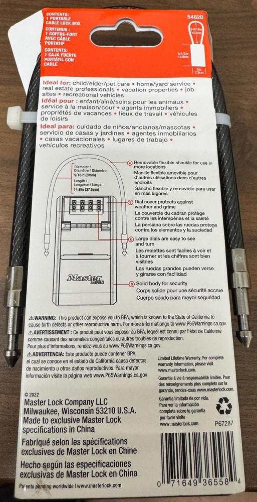 Master Lock 5482D Large Outdoor LOCK BOX with Removable Cable & Combination Dial