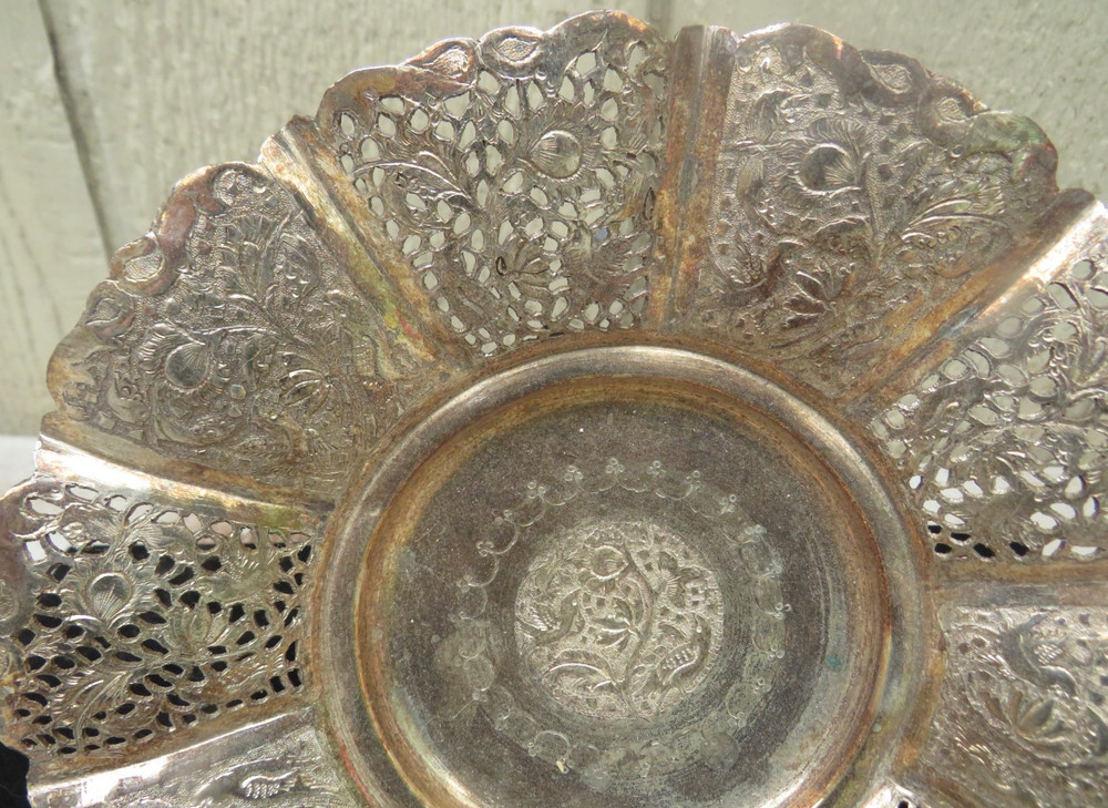 ANTIQUE SOLID SILVER PERSIAN PEDESTAL SOLID SILVER BOWL FLORAL-LIKE DESIGNS