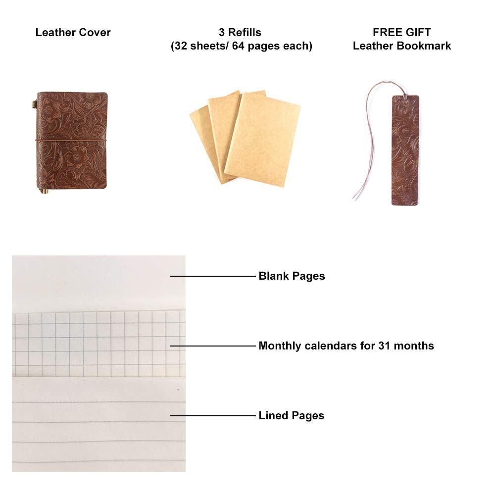 aoaoway Refillable Leather Journal, Handmade Coffee Leather Notebook with Boo...