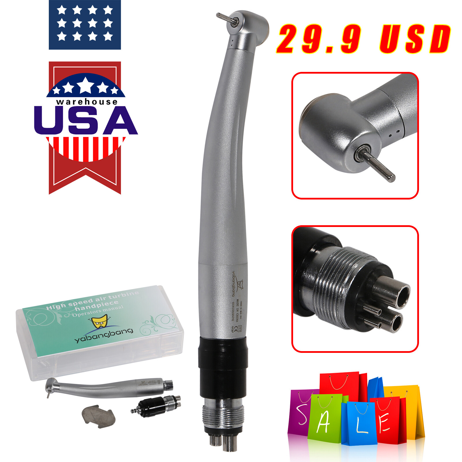 Yabangbang Dental High Speed Turbine Handpiece with 4 Hole Quick Coupler fit NSK