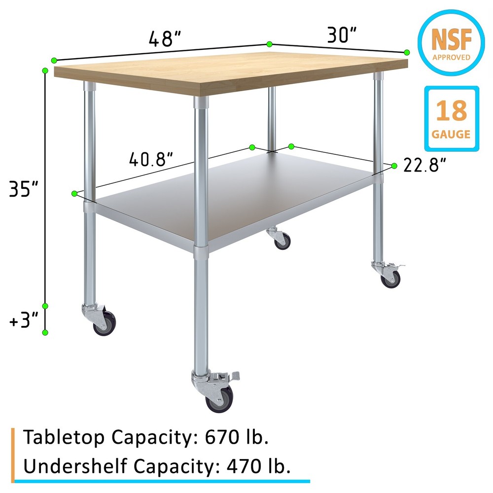 Heavy Duty Rolling Maple Wood Top Work Table with Wheels