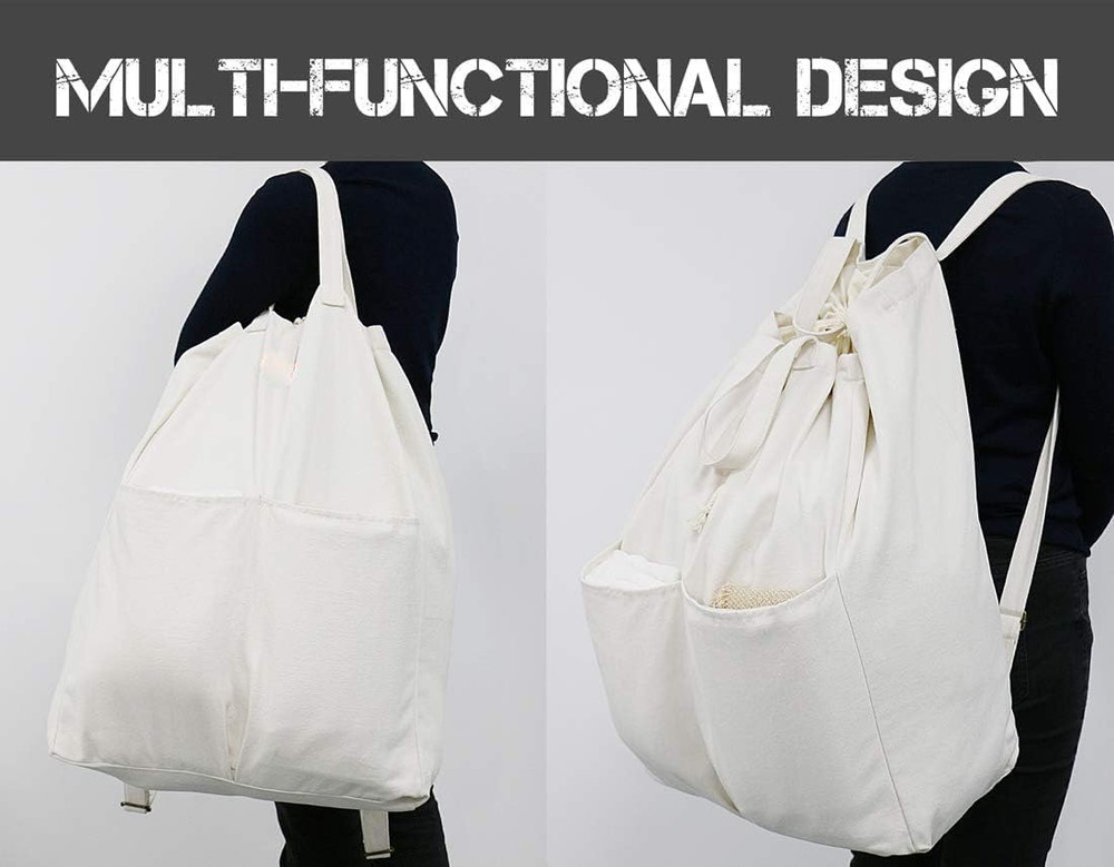 100% Breathable Cotton Canvas Laundry Backpack Bags with Drawstring Closure & Sh
